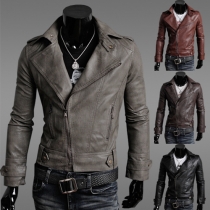 Fashion Solid Color Long Sleeve Men's PU Leather Jacket