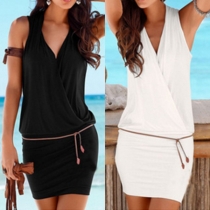 Sexy Deep V-neck Sleeveless Solid Color Dress with Waist Strap