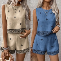 Fashion Short Sleeve Round Neck Tops + High Waist Shorts Printed Two-piece Set