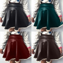 Fashion Lace Spliced Hem High Waist PU Leather Skirt