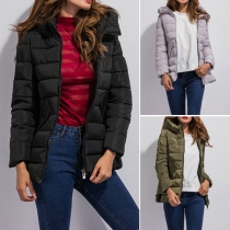 Fashion Solid Color Front Zipper Hooded Long Sleeve Warm Padded Coat