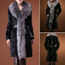 Trendy Fur Collar Long Sleeve Warm Overcoat with Waist Strap