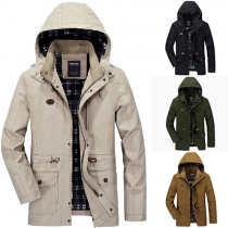 Fashion Solid Color Long Sleeve Hooded Front Zipper Men's Jacket