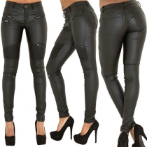 Sexy Solid Color Side Zipper Crinkle Low Rise PU Pants