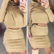 Casual Style Solid Color Turtleneck Long Sleeve Crop Sweatshirt + Skirt Two-piece Set