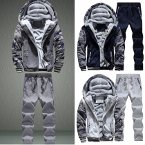 Casual Style Printed Front Zipper Hooded Sweatshirt + Pants Men's Two-piece Set