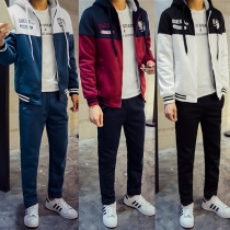 Casual Style Contrast Color Front Zipper Hooded Sweatshirt + Pants Men's Two-piece Set