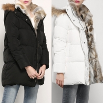 Fashion Artificial Fur Collar Front Zipper Long Sleeve Hooded Down Coat