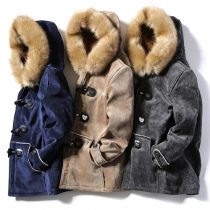 Fashion Artificial Fur Collar Horn Buttons Long Sleeve Hooded Men's Suede Padded Coat