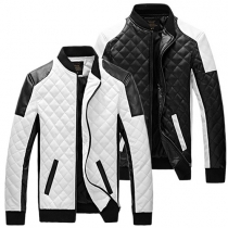 Trendy Contrast Color Stand Collar Long Sleeve Front Zipper Men's PU Jacket