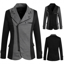 Fashion Casual Color Spliced Oblique Zipper Long Sleeve Men's Blazer