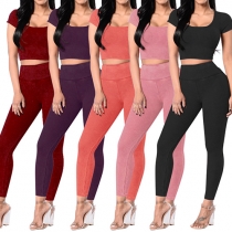 Fashion Solid Color Short Sleeve Crop Top + High Waist Leggings Two-piece Set