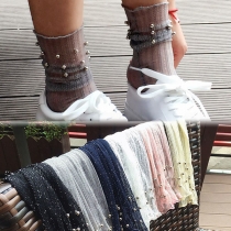 Fashion Solid Color Beaded Gauze Socks