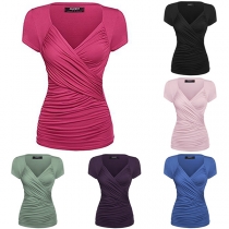 Fashion Solid Color Short Sleeve Crossover V-neck Wrinkled T-shirt