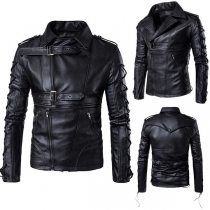 Fashion Solid Color Lace-up Long Sleeve Men's PU Leather Jacket