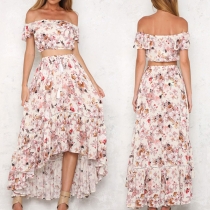 Sexy off-shoulder Boat Neck Crop Top + High-low Hem Skirt Printed Two-piece Set
