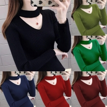 Fashion Solid Color Long Sleeve Choker V-neck Knit Top