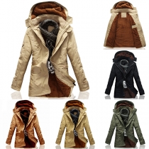Fashion Solid Color Long Sleeve Hooded Plush Lining Men's Padded Coat 