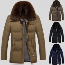 Fashion Solid Color Detachable Faux Fur Collar Long Sleeve Men's Down Coat