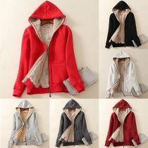 Fashion Solid Color Long Sleeve Plush Lining Hooded Sweatshirt Coat