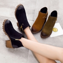 Retro Style Round Toe Thick Heel Side Zipper Ankle Boots Booties