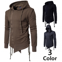 Fashion Solid Color Long Sleeve Irregular Hem Side-zipper Men's Hoodie 