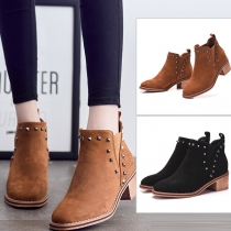 Retro Style Square Heel Round Toe Rivets Ankle Boots Booties
