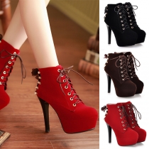 Fashion High-heeled Round Toe Platform Lace-up Ankle Boots Booties