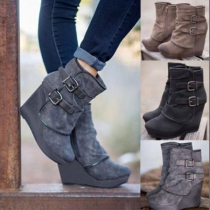 Fashion Solid Color Round Toe Wedge-heel Ankle Boots Booties