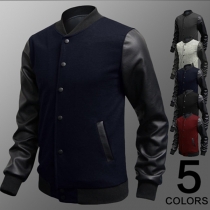 Fashion Contrast Color PU Leather Spliced Long Sleeve Stand Collar Men's Jacket 