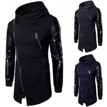 Fashion PU Leather Spliced Long Sleeve Oblique Zipper Men's Sweatshirt Coat 