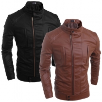 Fashion Long Sleeve Stand Collar Side-zipper Men's PU Leather Jacket