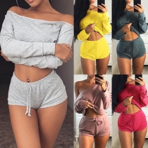 Sexy Solid Color  Boat-neck Long Sleeve Crop Top+ Shorts Two-piece Set