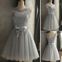 Elegant Solid Color Sleeveless Round Neck Lace Spliced Party Dress