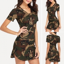 Fashion Short Sleeve V-neck Camouflage Printed Dress