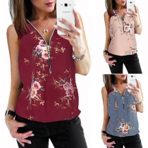 Fashion Deep V-neck Sleeveless Hollow Out Printed Pattern Vest