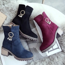 Fashion Solid Color Square Heel Round Toe Side-zipper Boots