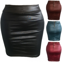 Fashion Solid Color High Waist PU Leather Skirt