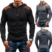 Fashion Button Front Faux Leather Spliced Men Long Sleeve Hoodies