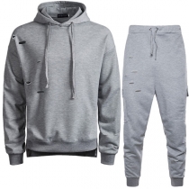 Fashion Solid Color Ripped Hoodie + Pants Men's Sports Suit