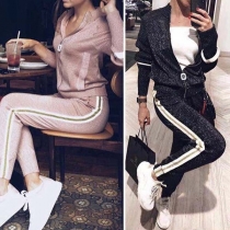 Fashion Striped Spliced Long Sleeve Knit Coat + Pants Two-piece Set 