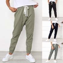 Fashion Solid Color Elastic Drawstring Waist Casual Pants 