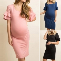 Fashion Solid Color Round-neck Short Lotus Sleeve Dress for Pregnant Women