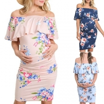 Sexy Ruffle Boat Neck Slim Fit Printed Maternity Dress