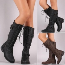 Retro Style Flat Heel Round Toe Lace-up Boots