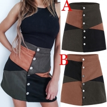 Fashion Contrast Color High Waist Single-breasted A-line Skirt