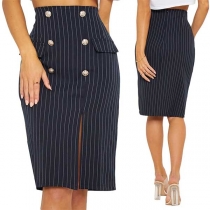Fashion High Waist Slit Fit Slit Hem Striped Skirt 