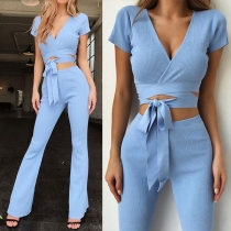 Sexy Short Sleeve V-neck Lace-up Crop Top + High Waist Pants Two-piece Set