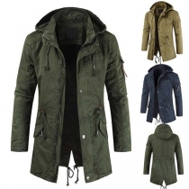 Fashion Solid Color Drawstring Waist Hooded Men's Coat