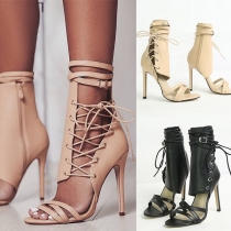 Sexy High-heeled Open Toe Lace-up Ankle Boots